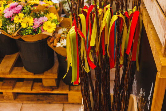 Traditional czech easter palms, verbos, decorated with colorful ribbons, celebrating spring