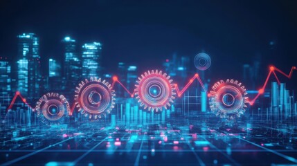 Fototapeta premium Futuristic cityscape with augmented reality financial data stream overlay creating a technology driven dynamic visual for data visualization