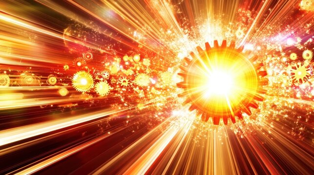 Dynamic golden gears radiating energy innovative solutions and technological advancements for high impact presentations visual storytelling