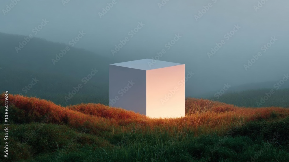 Poster 3d cube standing on a grassy hilltop. the cube is white and appears to be made of a cube-like materi