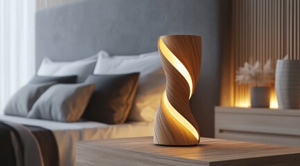 Modern wooden lamp on bedside table