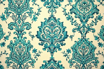 Intricate paisley damask pattern, deep teal on cream background , texture background, swirl