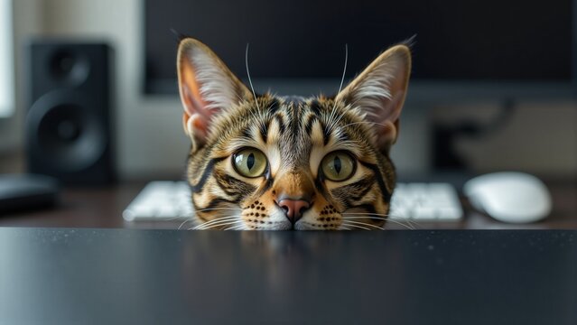 Cute Bengal Cat Peeking Over Desk