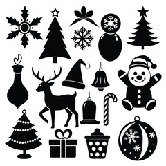 a collection of black silhouette Christmas icons and symbols