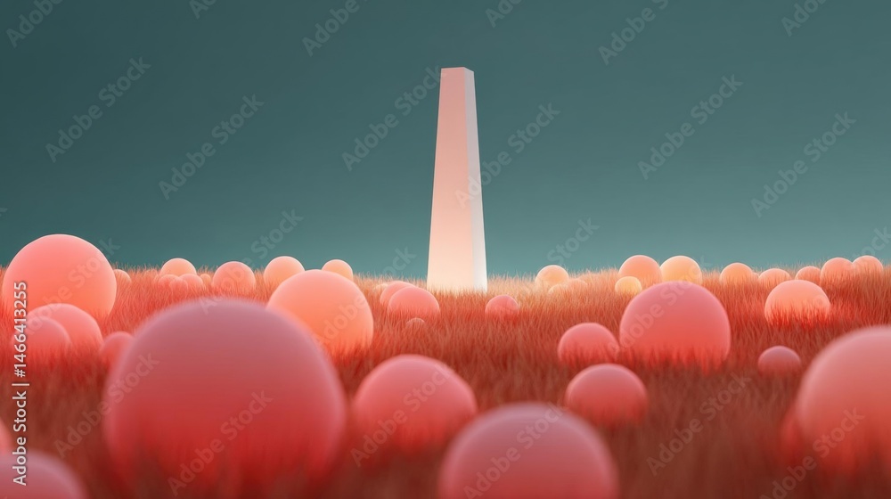 Poster digital illustration of a tall obelisk standing in the middle of a field of red grass. the sky is a 