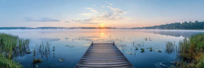A dock extends into a serene lake, sunlight shining through morning fog