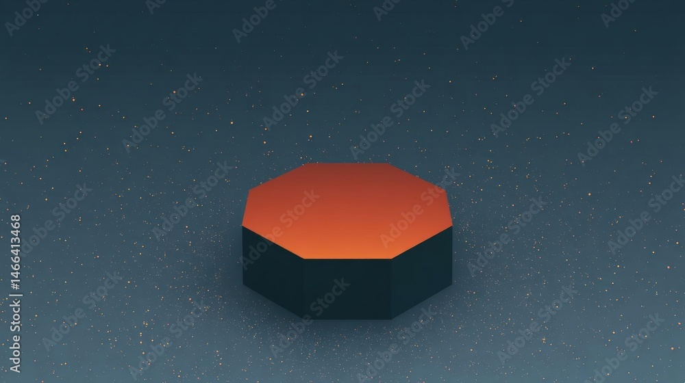 Poster digital illustration of a hexagon-shaped object on a dark blue background with small white dots scat