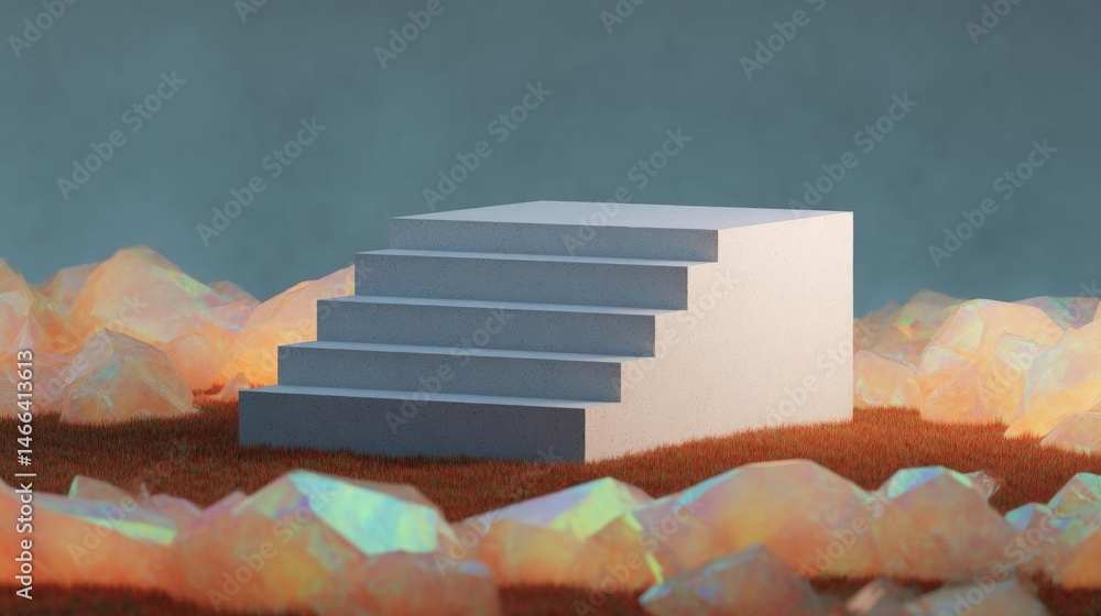 Poster 3d rendering of a set of stairs leading up to the top of a hill. the stairs are made of concrete and