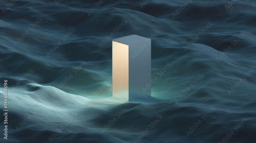 Poster digital illustration of a cube in the middle of a body of water. the cube is white and appears to be
