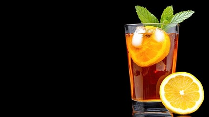 Fototapeta premium a glass of iced tea with a slice of orange and mint