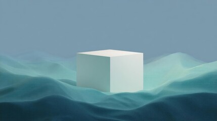 Digital illustration of a white cube in the middle of a vast landscape. the cube is the focal point of the image, standing out against the blue background.
