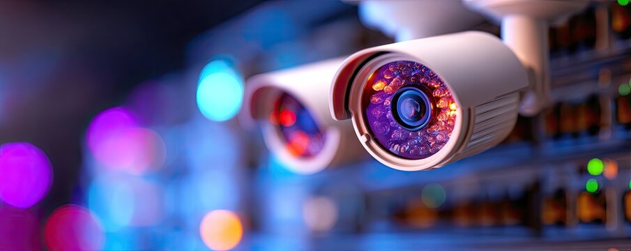 Cybersecurity Data Protection Regulations. Surveillance cameras against a blurred background of colorful lights.