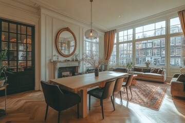 Spacious, sunlit dining area with classic interior design.