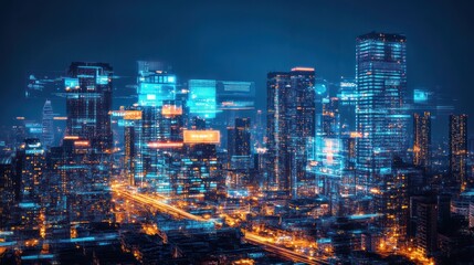 Futuristic city skyline at night, overlaid with digital data