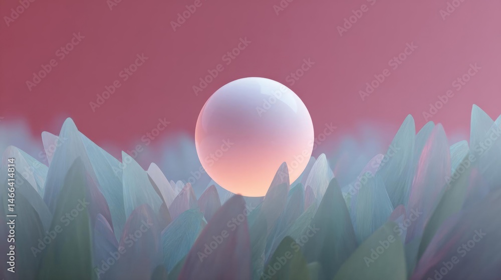 Poster digital illustration of a sphere in the center of a field of blue and pink flowers. the sphere is sp