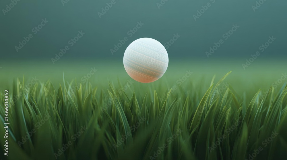 Poster digital illustration of a grassy field with a single white sphere in the center. the sphere is spher