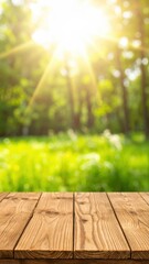 A sunlit forest scene with a wooden table in the foreground, creating a warm and inviting atmosphere