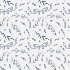 Hand drawn whimsical ribbon bow and flower seamless pattern perfect for textile, wallpaper