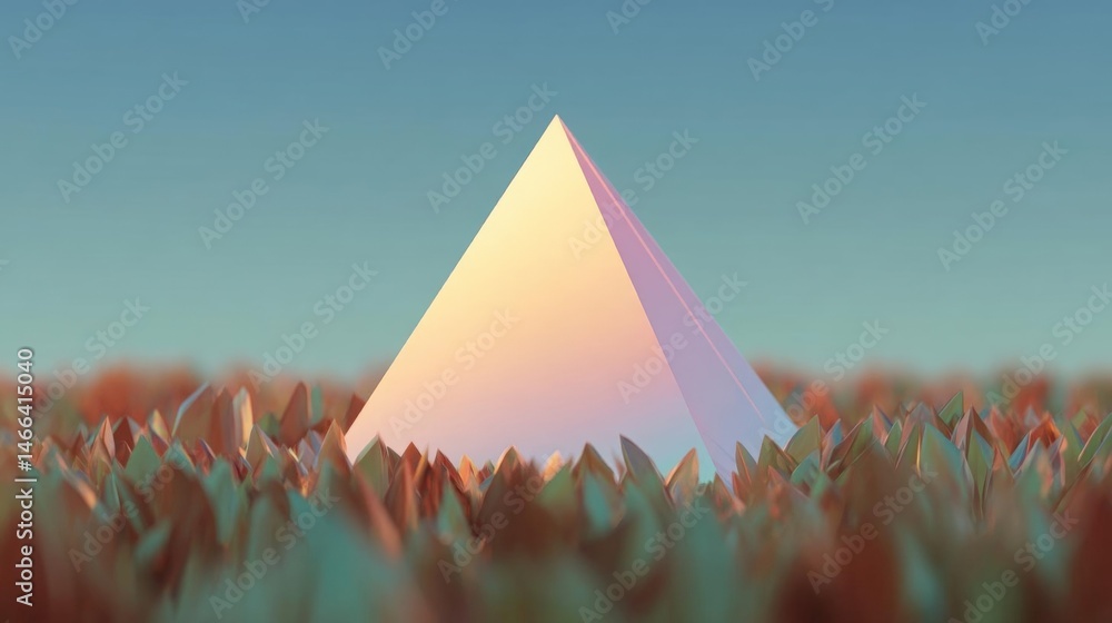 Poster digital illustration of a pyramid in the middle of a field. the pyramid is made up of multiple layer