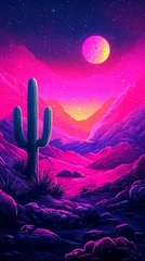 Fototapete Rund Surreal desert landscape with vibrant magenta skies and iconic cacti silhouette © alexsa