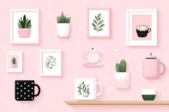 A 2D flat illustration of personalized Mother Day gifts like photo mugs and cards scattered around a table on a white background