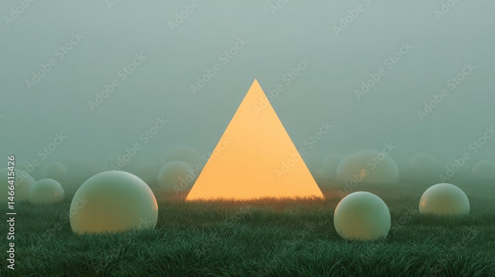 Poster pyramid-shaped structure in the middle of a grassy field. the pyramid is lit up with a warm orange g