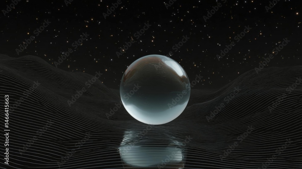 Poster digital illustration of a spherical object in the center of a black background with a starry sky. th
