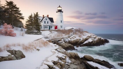 Snowy Maine lighthouse decorated for Christmas, quiet seaside setting with seasonal charm 