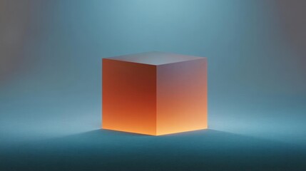 3d rendering of a cube. the cube is square in shape and is placed on a blue surface. the color of the cube is orange, with the orange being the dominant color.