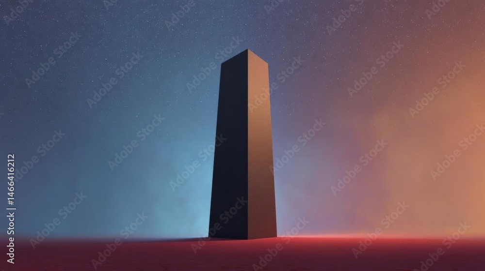 Poster digital illustration of a tall, obelisk-like structure standing on a red surface. the structure appe