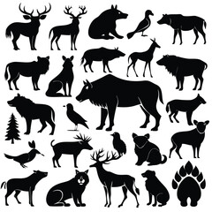 a diverse collection of black silhouette icons representing various wild mammals, including bears, wolves, deer, and bison.