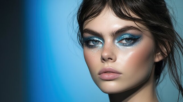 A high-fashion model with metallic blue eyeshadow and sleek hair, runway aesthetic