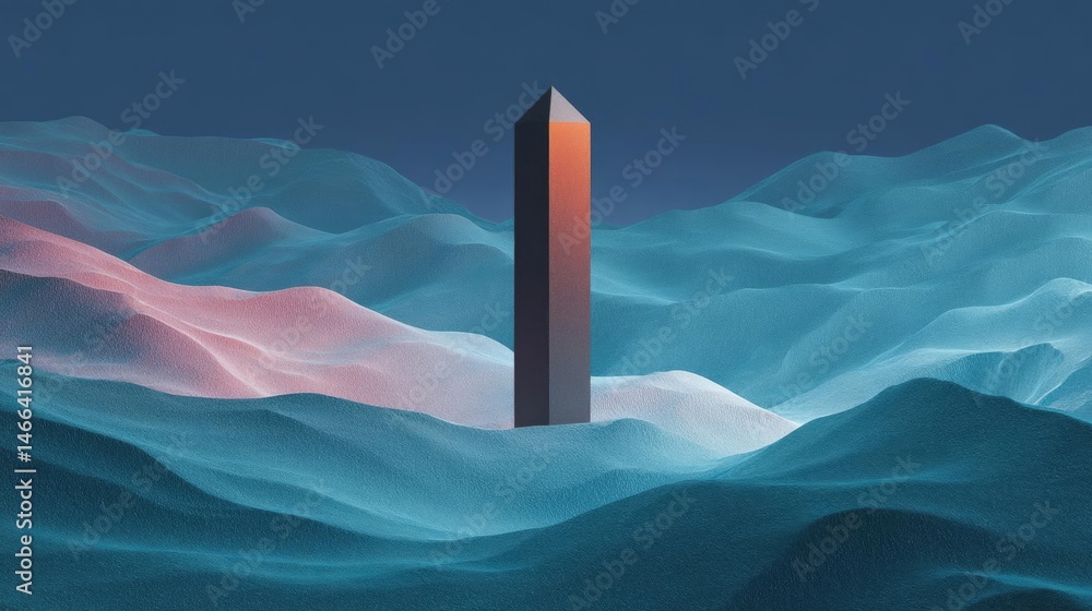 Poster illustration of a tall, cylindrical object standing in the middle of a vast landscape. the object ap