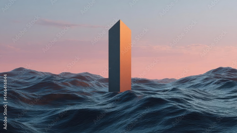 Poster tall obelisk standing in the middle of a vast ocean. the ocean is a deep blue color and the waves ar