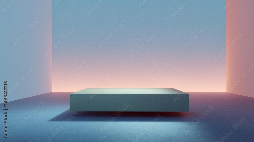 Poster empty room with a rectangular platform in the center. the platform is made of a light blue material 