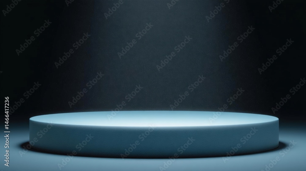 Poster 3d rendering of a round platform or podium in a dark room. the platform is white and appears to be m