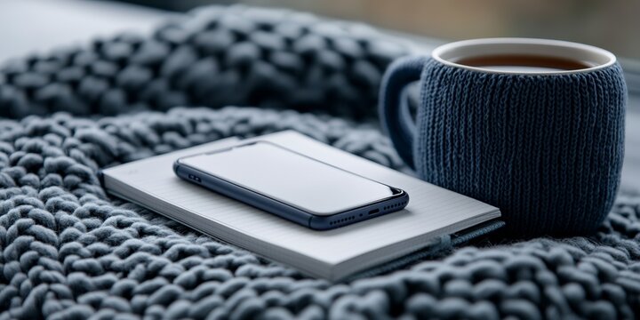 Cozy morning scene with smartphone, notebook, and knitted mug on blanket