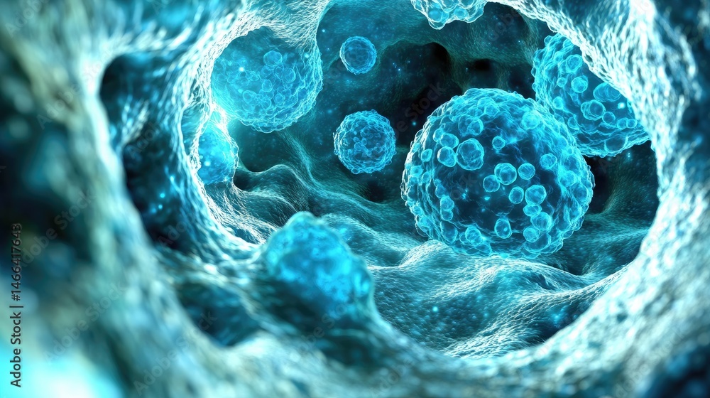 Poster microscopic view shows the textured surfaces and cell structures of various blue, spherical organism