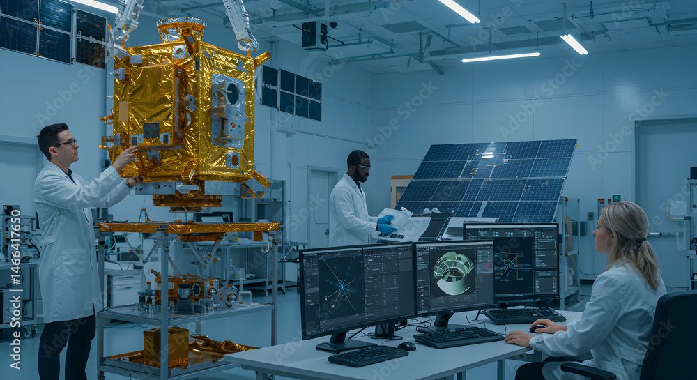 Poster engineers collaborating on satellite development in white laboratory room with state of the art tech