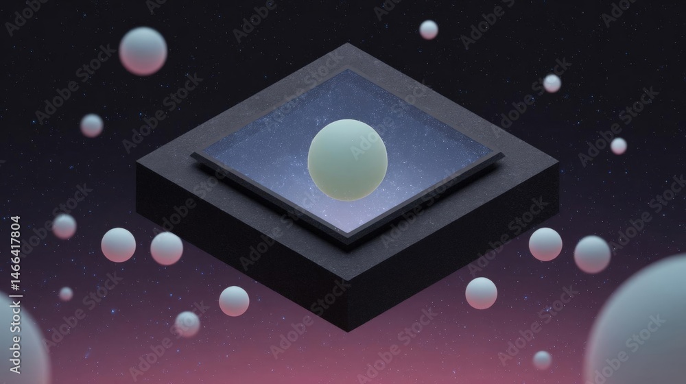 Poster abstract digital illustration of a square-shaped object with a blue background and a white sphere in