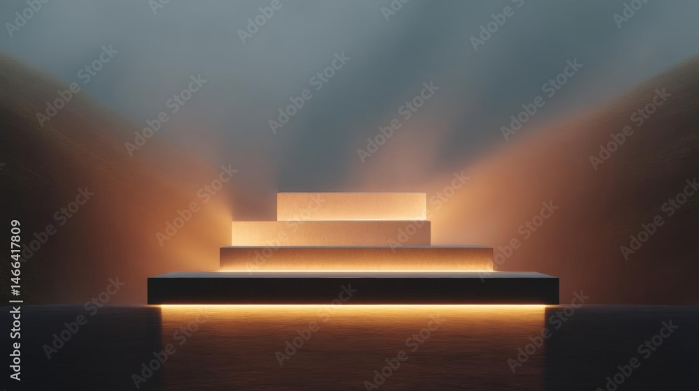 Poster 3d rendering of a staircase in a dark room. the staircase is made up of three steps, each with a dif