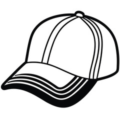 Outlined baseball cap features a white color and black brim, depicted in vector