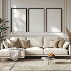 Fototapeta premium Modern living room displays sofa beneath three frames with interior plants and textured rug