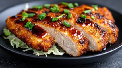 chicken breast with sauce and green onions on black plate
