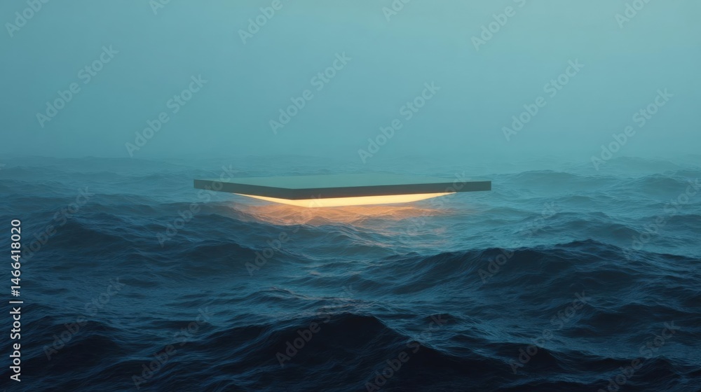 Poster floating platform in the middle of the ocean. the platform is white and appears to be floating on th