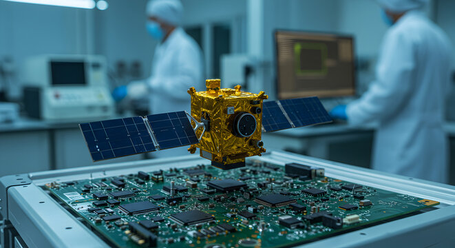 Golden Satellite Model on Circuit Board in Clean Laboratory with Engineers in Lab Coats and Medical Masks
