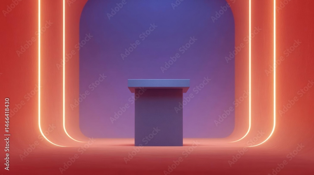 Poster 3d rendering of a podium in the center of a room with a red and orange gradient background. the podi