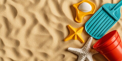 Colorful beach toys on sandy background with starfish, bucket, and shovel