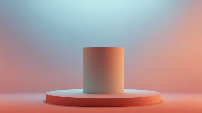 3d rendering of a round pedestal with a cylindrical object on top. the pedestal is placed on a pink and orange gradient background.
