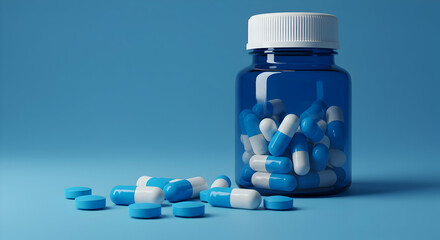 Blue pill bottle medicine healthcare supplement drugs pharmacy capsules tablets vitamins health wellness medical treatment pharmaceutical industry